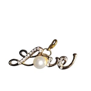 Gold 'Love' Script Pendant with White Pearl Accent